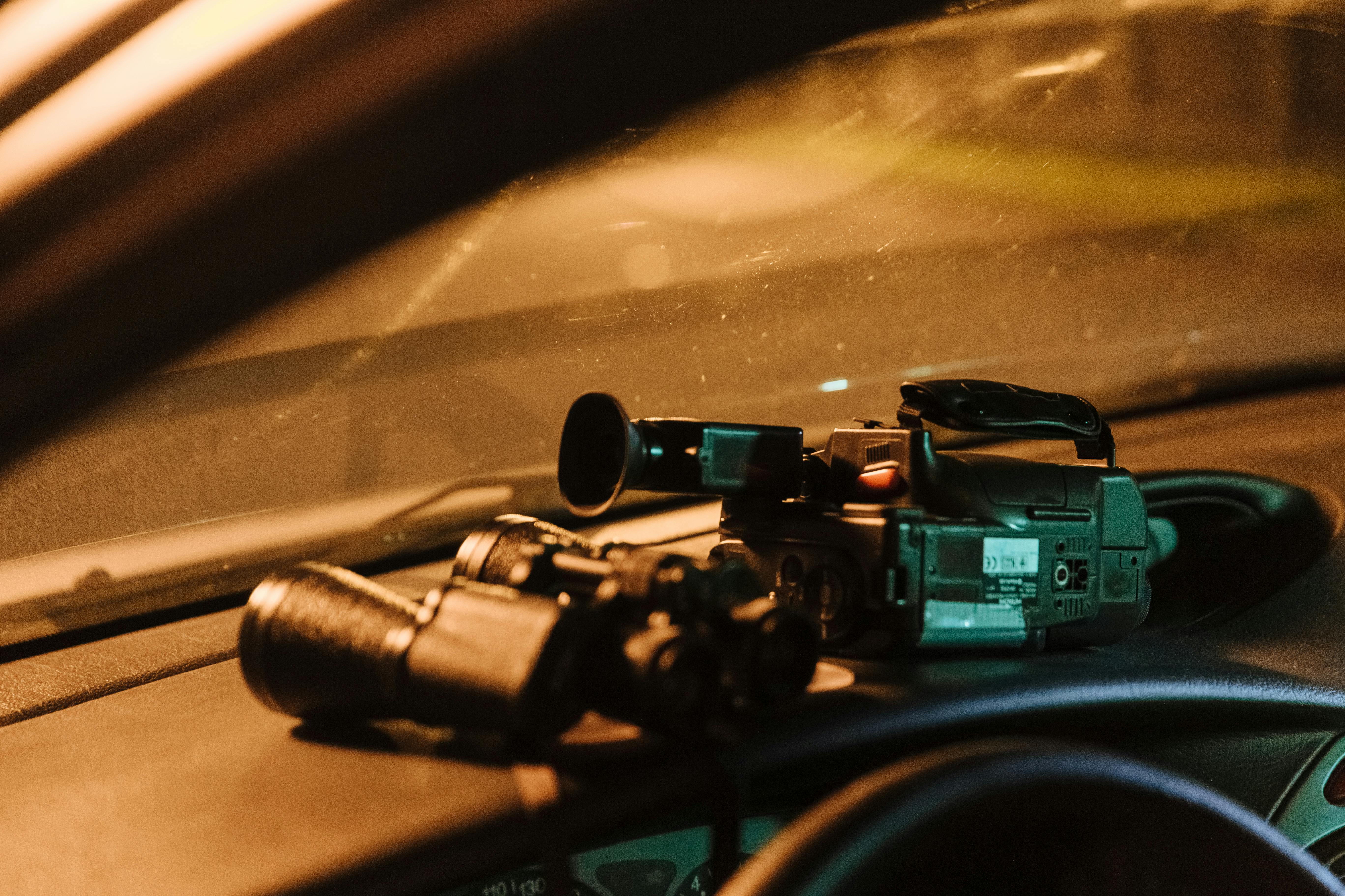 Investigator equipment staged inside a vehicle.